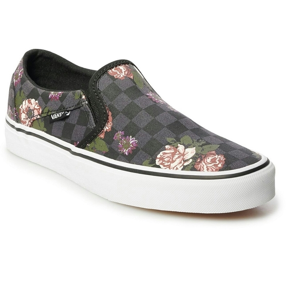 black floral checkerboard vans